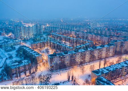 Winter Evening Aerial View To Residential Area Saltivka In Kharkiv, Ukraine. Ruslana Plohodko Street
