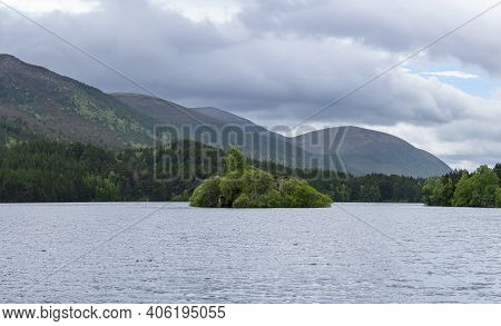 Aviemore , Scotland - May 23 , 2019 : Panoramic Image Of Loch An Eilein Castle, Old Castle Of The Wo