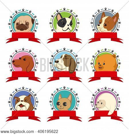 Cute Dog Face Icons Or Logo Isolated On A White Background. Vector Set Of Cartoon Animal Head With R