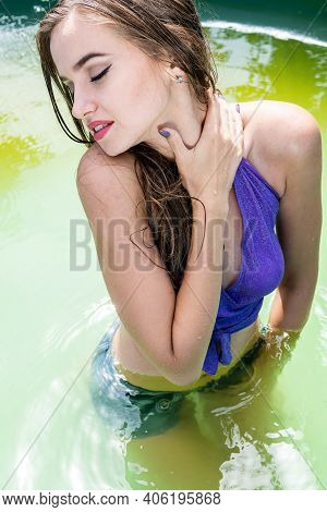 Wet Model Takes A Shower And Swims In Clothes, Wet Clothing, Wet Look Womens, Sauna And Swimming Poo