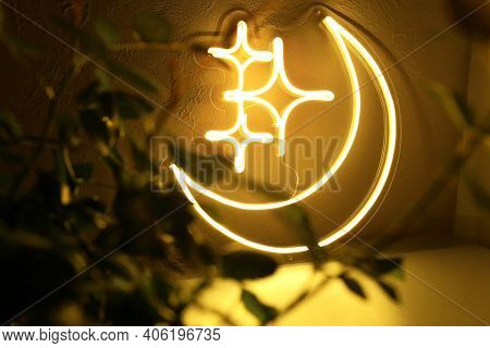 Neon Sign Moon And Stars. Trendy Style.  Neon Sign. Custom Neon. Home Decor. Good Night.