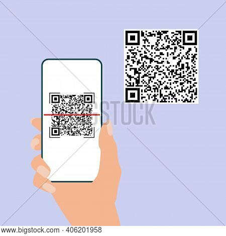 Qr Code. Hand Hold Mobile Phone Scan Qrcode. Camera Scanning Application.