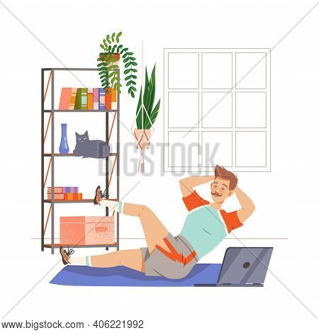 Moustached Man Doing Sit-ups Or Abdominal Crunches At Home Vector Illustration