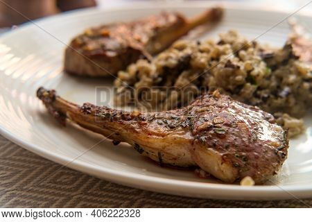 Marinated Broiled Lamb Rib With Cheesy Mushroom Risotto