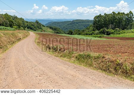 Farm Plantation With Valley And Dirty Road