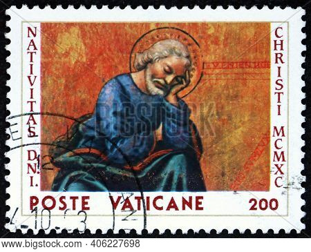 Vatican - Circa 1990: A Stamp Printed In Vatican Shows St. Joseph, Detail From Painting By Sebastian