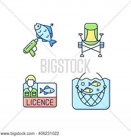 Special Gear For Fishing Rgb Color Icons Set. Spinning With Reel, Sperfishing, Fishing Licence, Chai