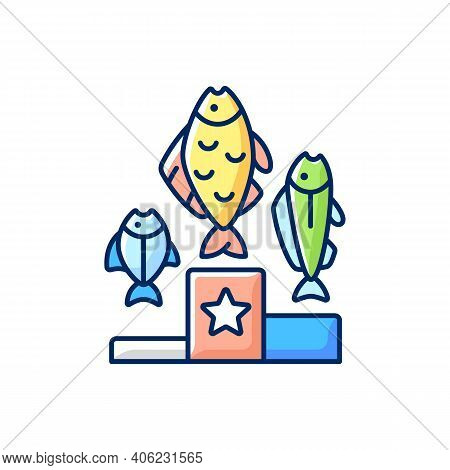 Fishing Tournament Rgb Color Icon. Sport Competition. Fishers Contest. Pedestal With Fish. Fishing T