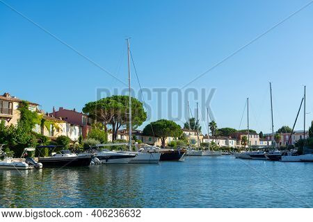 Travel And Summer Vacation Destination, View On Houses, Roofs, Canals And Boats In Port Grimaud, Var