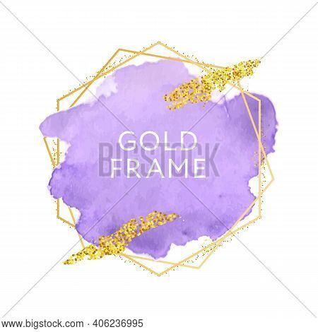 Violet Pupur Pink Brush Strokes And Gold Frame. Abstract Vector Watercolor Background.