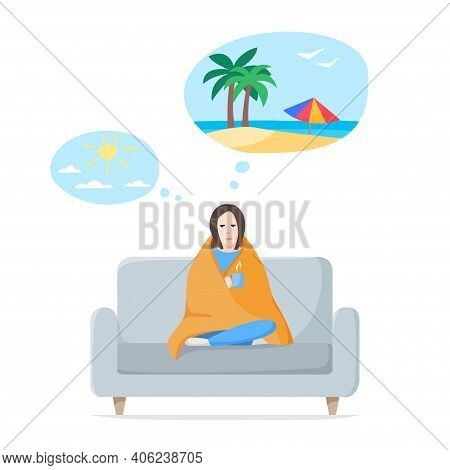 Woman Dreaming About Vacation, Travelling And Warm Sunny Weather. Thinking About Holidays In Hot Tro