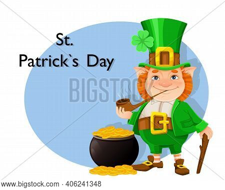 Stock Vector Leprechaun. Happy St Patrick's Day Greeting Card. Cheerful Leprechaun Cartoon Character