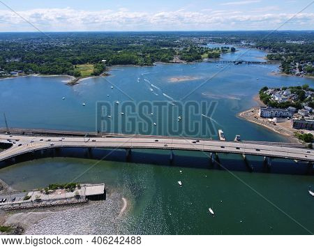 Aerial View Of Essex Bridge Across Danvers River Mouth At Salem Harbor In City Of Beverly, Massachus