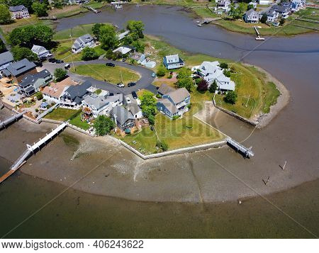 Aerial View Of Danvers Fosters Point At The Bank Of Crane River In City Of Danvers, Massachusetts Ma