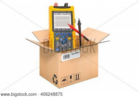 Portable Oscillograph Inside Cardboard Box, Delivery Concept. 3d Rendering Isolated On White Backgro
