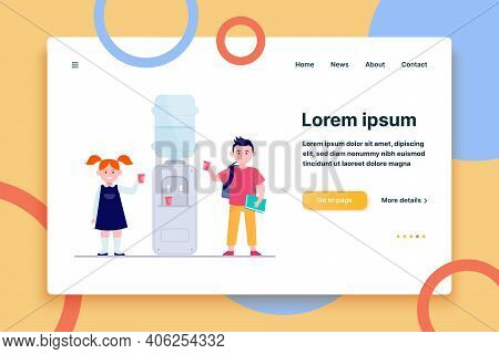Happy Children Drinking Water At Cooler. Students, Boy And Girl, School Hallway Flat Vector Illustra