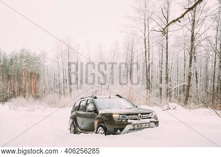 Gomel, Belarus - January 28, 2019: Renault Duster Or Dacia Duster Suv Parked In Snowdrift. Winter Sn