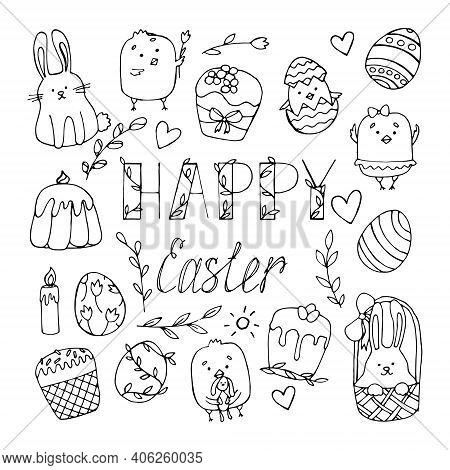 Handwritten Inscription Of Happy Easter With Decorative Elements Around. Black Letters On White With