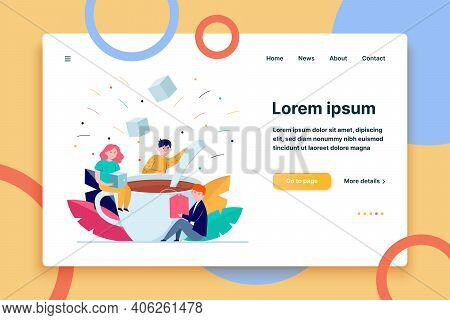 Happy People Mixing Sugar In Big Cup Of Tea. Spoon, Office, Lunch Flat Vector Illustration. Hot Beve