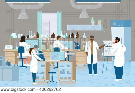 Scientists Or Doctors Men And Women Making Research In Chemical Laboratory. Laboratory Interior With