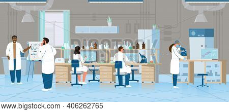 Scientists Or Doctors Men And Women Making Research In Chemical Laboratory. Laboratory Interior With