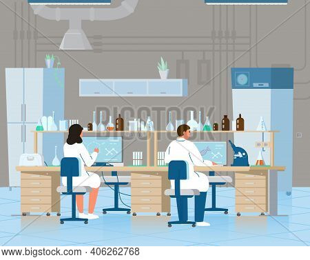 Two Scientists Man And Woman Working In Chemical Laboratory On Computers. Laboratory Interior With E