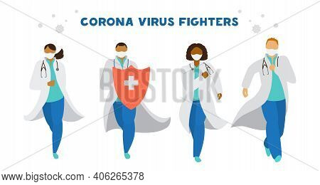 Coronavirus Fighters. Different Races Doctors In Uniform And Masks With Shield Going To Fight Corona