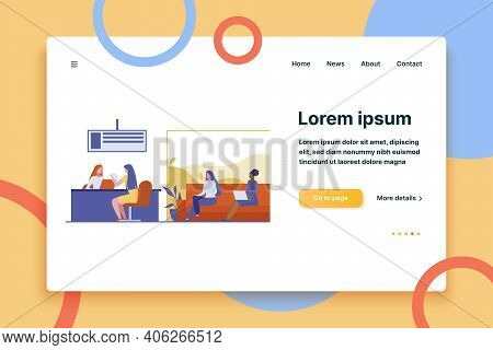 Bank Worker Providing Service To Customers. People In Bank Office Sitting In Line Flat Vector Illust