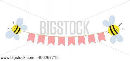 Happy Birthday Banner With Colorful Cute Bees And Flags Isolated On White Background. Holiday Vector