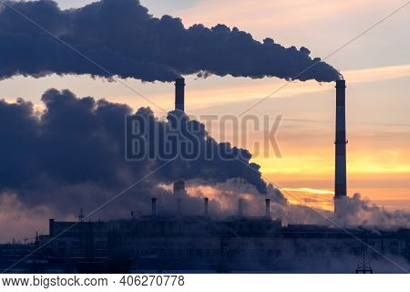 Emission To Atmosphere From Industrial Factory Chimney. Smokestack Pipes Shooted With Drone. Global 