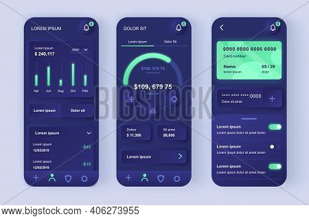 Finance Services Unique Neomorphic Design Kit. Online Banking Screen With Charts And Financial Analy