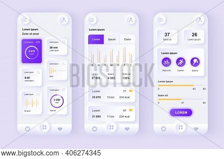 Health And Activity Tracking Unique Neomorphic Design Kit. Personal Monitoring Application With Acti