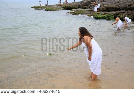 Salvador, Bahia, Brazil - February 2, 2021: Members Of The Candomble Religion Are Seen During An Off