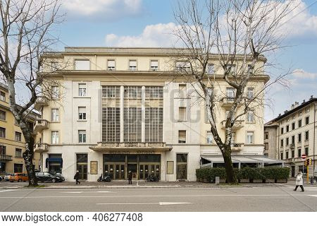 Udine, Italy. February 2 2021.  The Seat Of The Former Odeon Cinema In The Building Designed By The 
