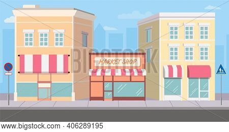 Flat Building And Shopping Street Marke With Traffic Sign On Footpath.vector Illustration.cityscape 