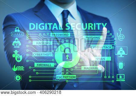 Digital security concept with businessman pressing button