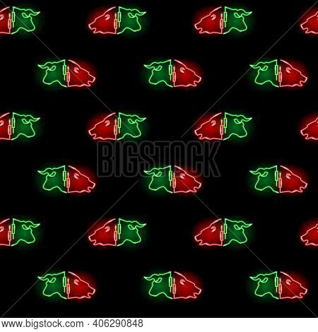 Stock Exchange Market Seamless Pattern With Neon Icons Of Bears And Bulls Heads On Black Background.