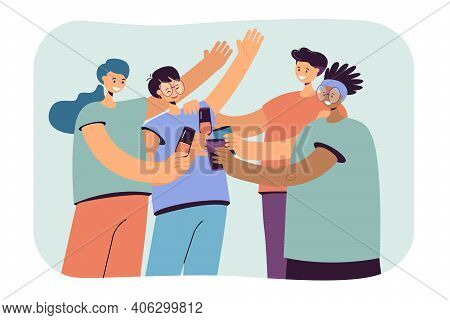Happy Diverse Friends Hanging Out Together, Gathering For Party, Having Fun, Drinking Alcohol, Toast