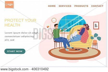 Landing Page Template. Protect Human Health Concept. Guy With Sick Girl Play Cards And Communicate. 