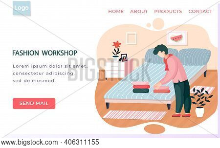 Fashion Workshop Landing Page Template With Man Textile Factory Worker Folds Bed Linen In Shop. Guy 