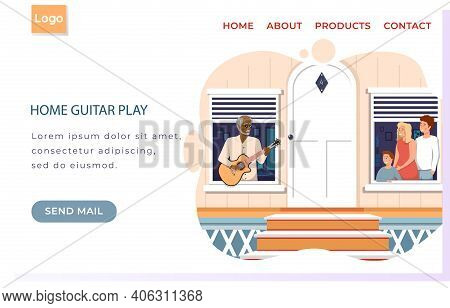 Website Home Guitar Play. Fashionable Elderly Man Sings To Family. People On Balcony Listen To Music