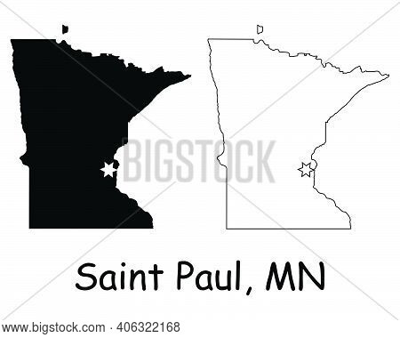 Minnesota Mn State Map Usa With Capital City Star At Saint Paul. Black Silhouette And Outline Isolat