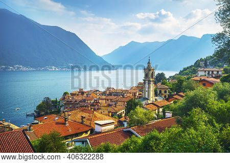 Como Lake, Sala Comacina Bell Tower From Greenway Trail. Italy, Europe.