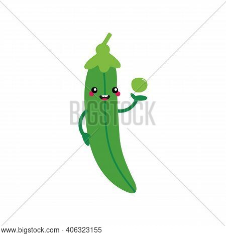 Cute And Smiling Cartoon Green Peas Pod  Character Holding In Hand Small Green Bean.