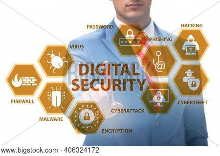 Digital security concept with businessman pressing button
