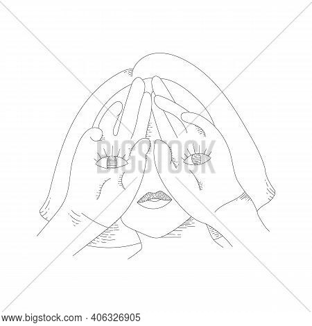 Doodle Vector Black And White Mystic Illustration Of Woman With Close Eye And Hands With Symbol Of E