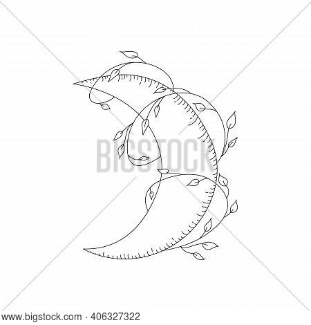Vector Moon Illustration With Leaves In Doodle Style. Logo Line Design. Astrology Symbol