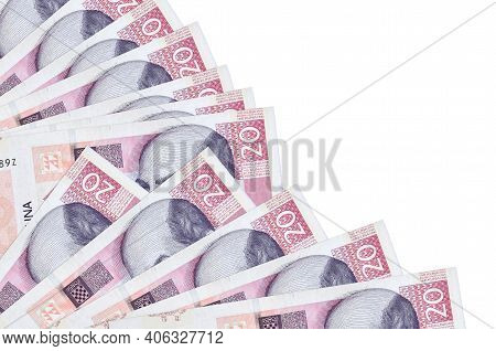 20 Croatian Kuna Bills Lies Isolated On White Background With Copy Space Stacked In Fan Close Up. Pa