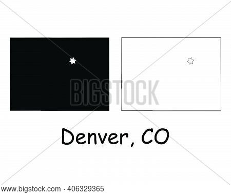 Colorado Co State Map Usa With Capital City Star At Denver. Black Silhouette And Outline Isolated Ma