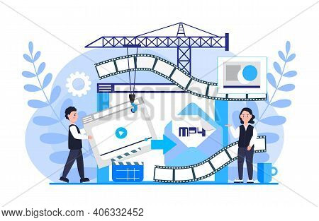 Mp4 Converter Concept With Tiny People. Screen With Changing Or Converting Process Of Document To An